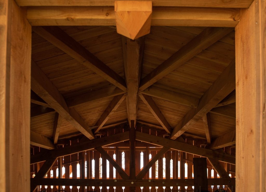vue intérieure d'un hangar : charpente traditionnelle en bois 