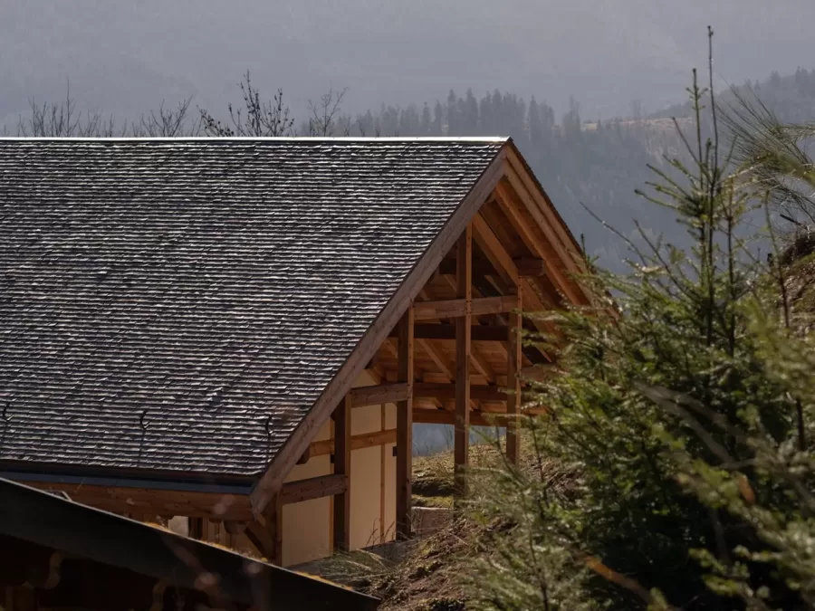 Vue de profil de la toiture d'un chalet en mélèze situé à Sainte-Marie-aux-Mines